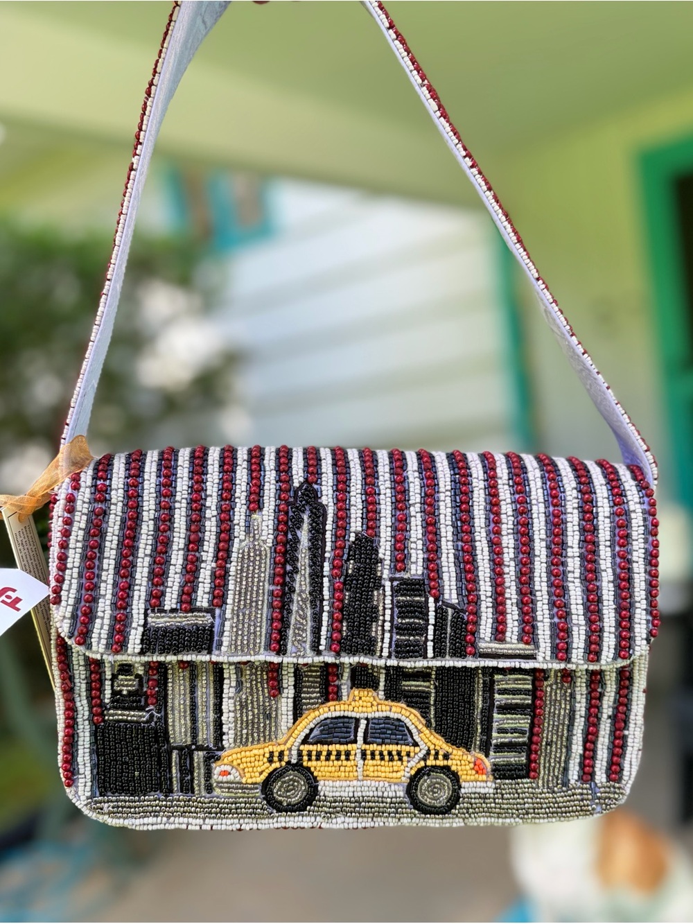 Rare: Viral TikTok Cityscape / NYC Beaded Bag, Yellow Cab & Black Red Skyline